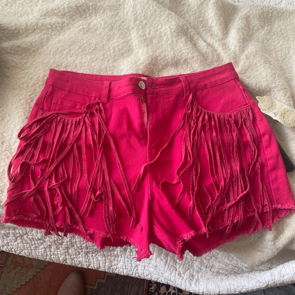 Hot pink fringe shorts